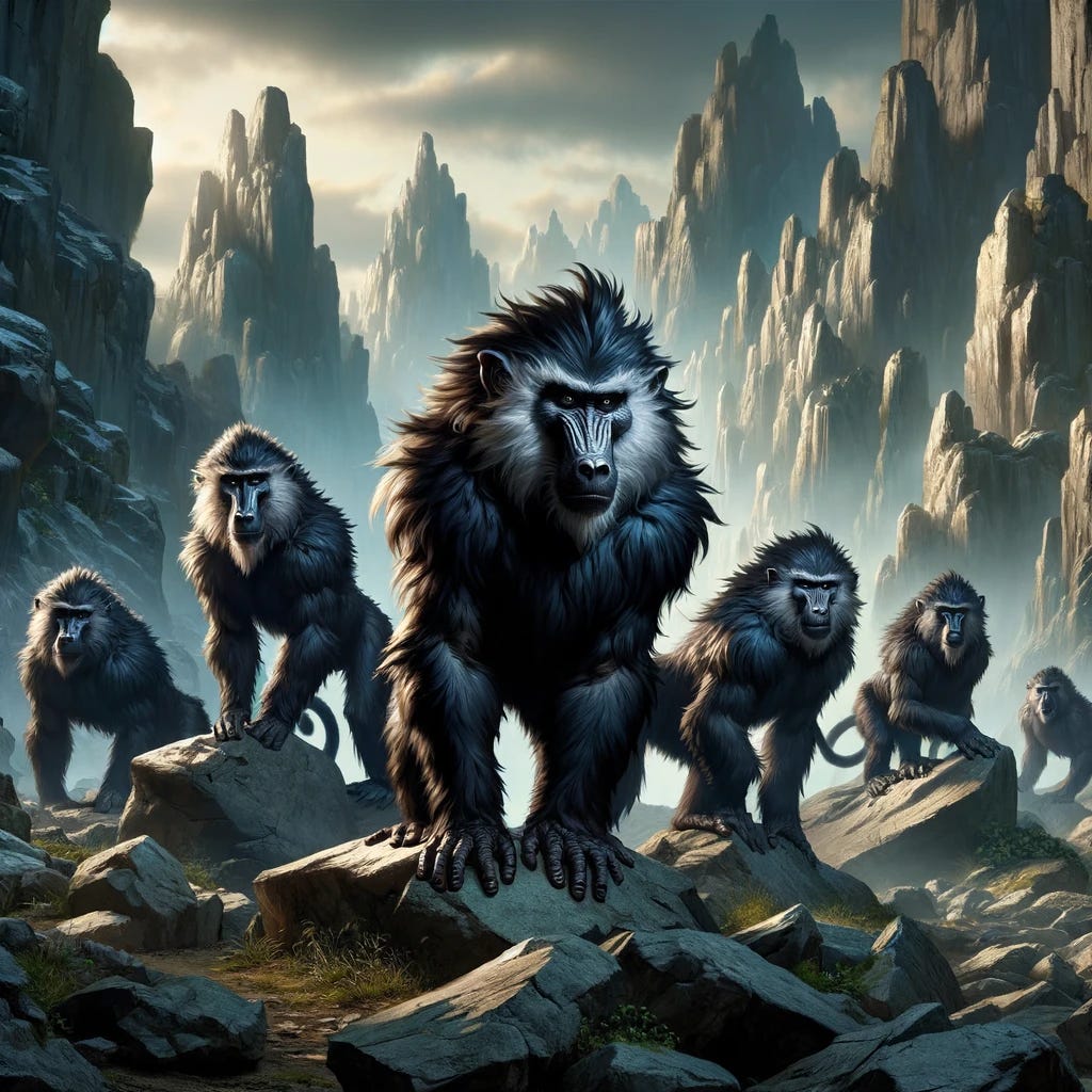 In a fantasy RPG setting, a group of menacing rock baboons stand poised in a rugged, mountainous terrain. These creatures are 4 to 5 feet tall, with thick, black hair covering their muscular bodies and deep black eyes that gleam with a threatening intent. The baboons' posture and expressions convey their readiness to defend their territory or attack any intruders. The landscape around them is harsh and unforgiving, with jagged rocks and sparse vegetation, highlighting the baboons' adaptation to such a formidable environment. The scene captures the tense atmosphere as adventurers or travelers might encounter these formidable creatures, their presence adding a layer of danger and wildness to the fantasy world.