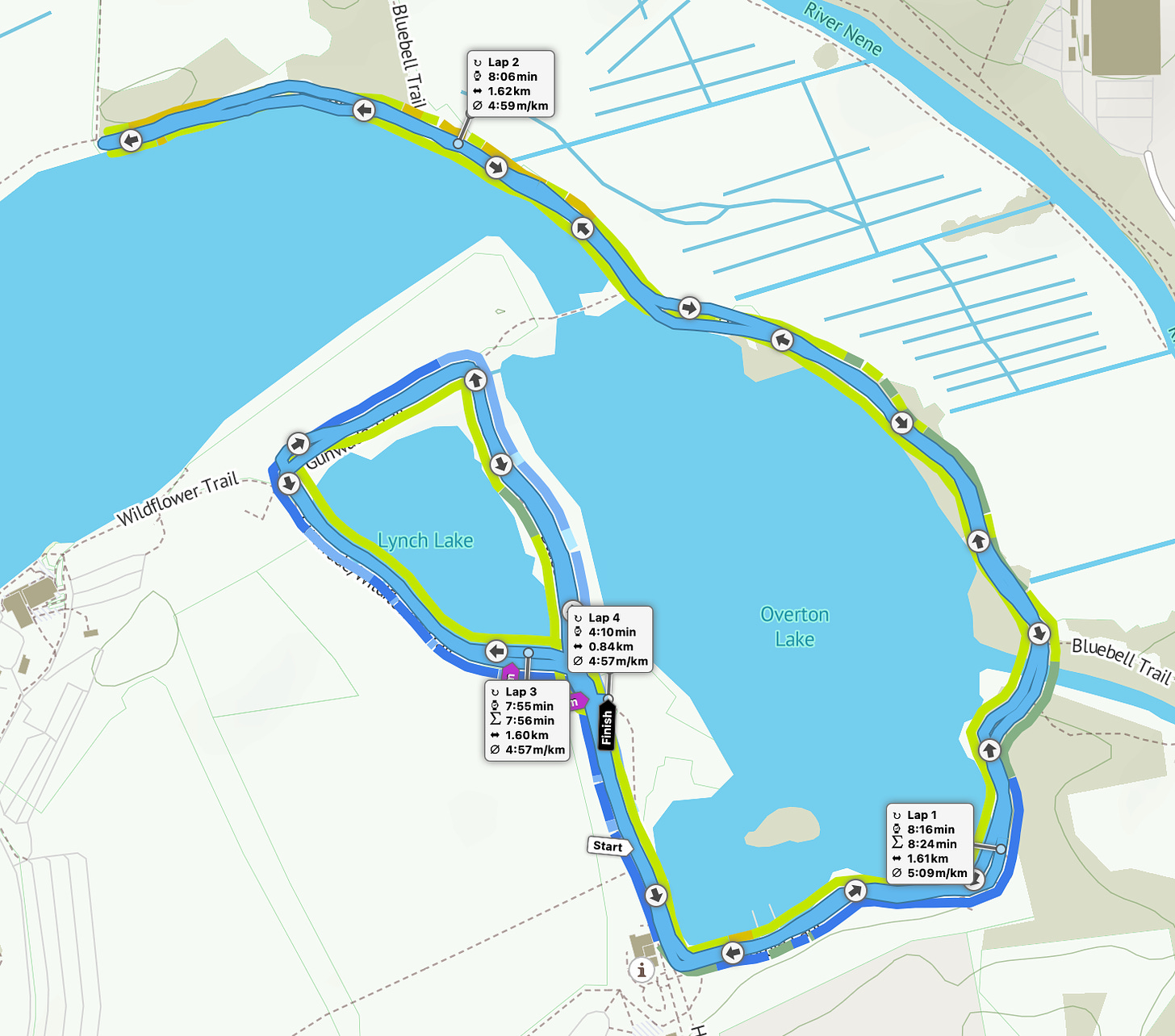 Ferry Meadows parkrun route, allowing for a last-minute diversion to avoid cows.