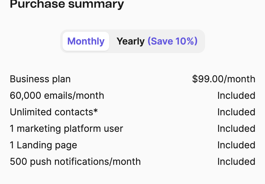 Screenshot of a purchase summary for a business plan subscription. The plan costs $99.00 per month and includes 60,000 emails per month, unlimited contacts, one marketing platform user, one landing page, and 500 push notifications per month. A toggle at the top allows switching between ‘Monthly’ and ‘Yearly (Save 10%)’ billing options, with ‘Monthly’ currently selected.