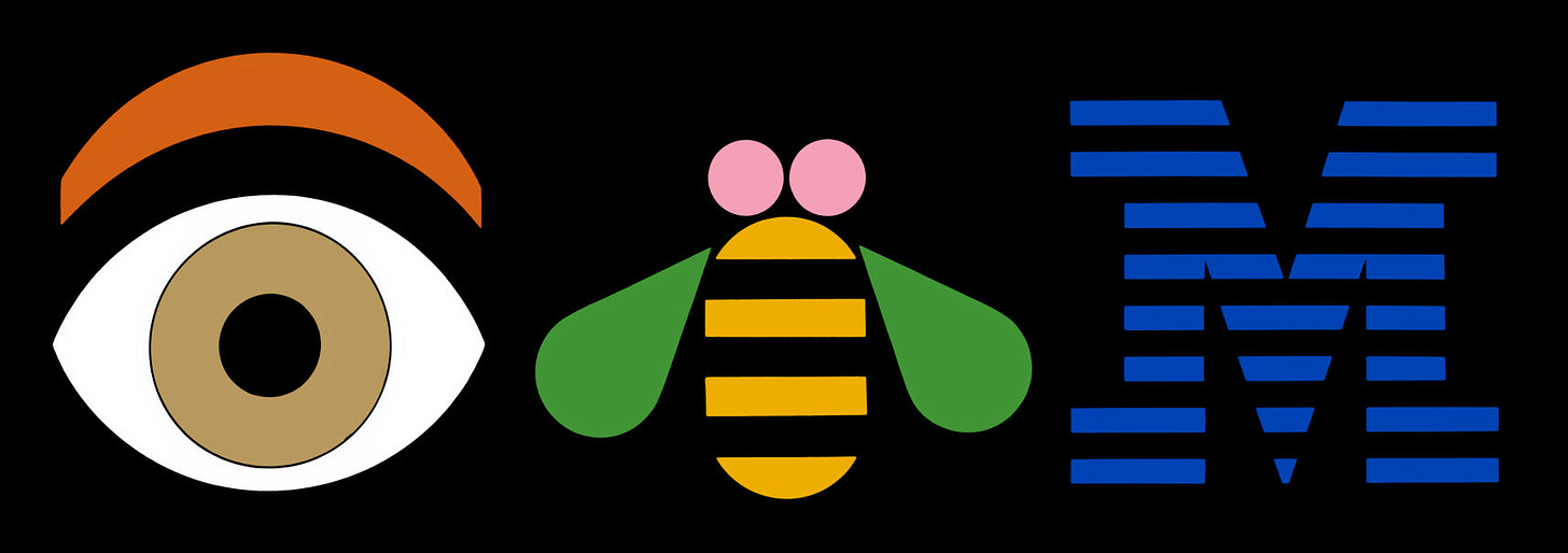Representation of IBM logo with illustrations of an "eye" and a "bee" in place of those letters