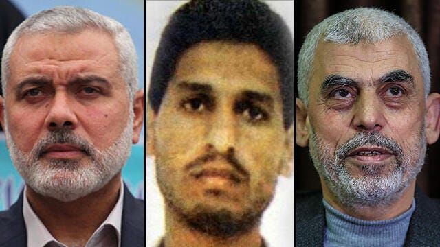 Chairman of Hamas Political Bureau Ismail Haniyeh (left), Commander-in-Chief of Hamas Military Wing Izz ad-Din al-Qassam Brigades Mohammed Deif (Center), and Leader of Hamas in Gaza Strip/Prime Minister of Gaza Yahya Sinwar (right).  All three are charged with war crimes and crimes against humanity in an application by ICC Chief Prosecutor Karim Khan.  Image: Ynet/EPA/Getty Images