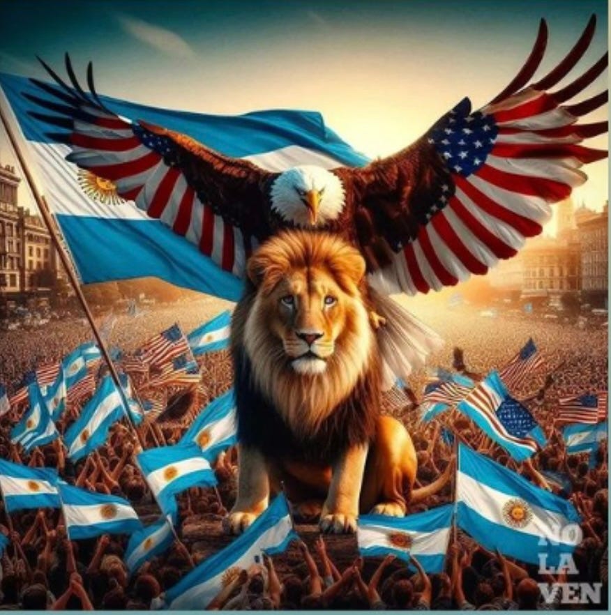 A lion with a eagle and a flag surrounded by people

Description automatically generated