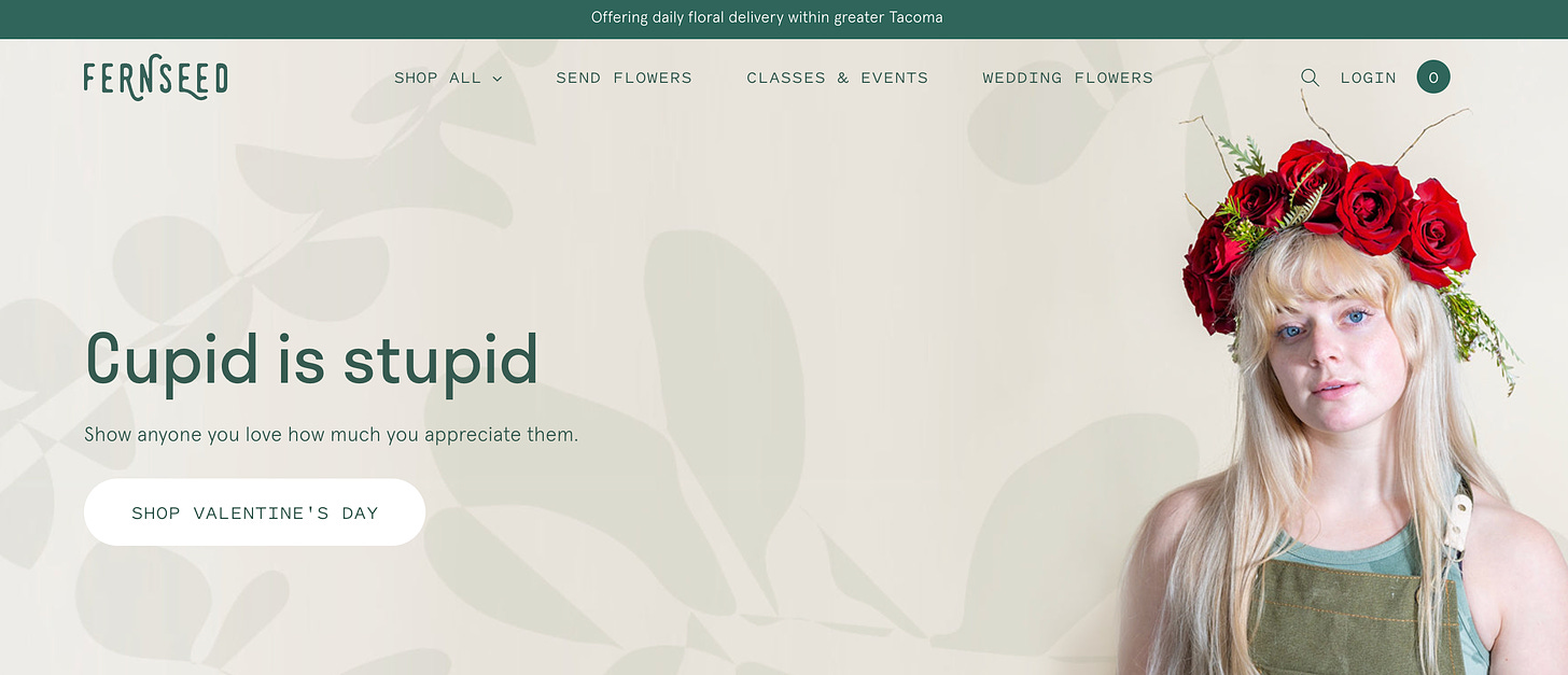 screenshot of fernseed website homepage with H1 reading "cupid is stupid" and h2 "show anyone you love how much you appreciate them"