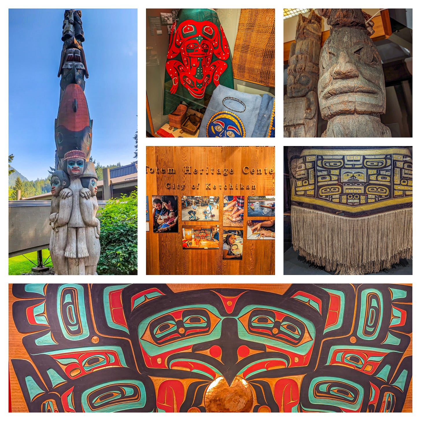 Collage of items from the Totem Heritage center including new and old totem poles, a beautiful red and green cape, a wall hanging, and a wood carving.