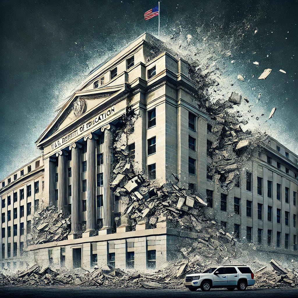 A crumbling or dissolving U.S. Department of Education building, symbolizing the potential elimination of the department, without text labels. The image should reflect the idea of dismantling federal education oversight.

Size: 1792x1024