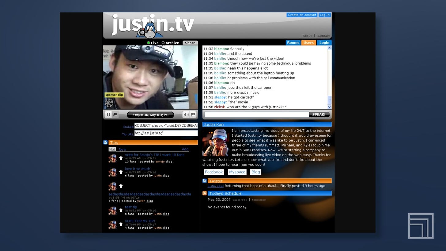 Screenshot of Justin.tv in 2007