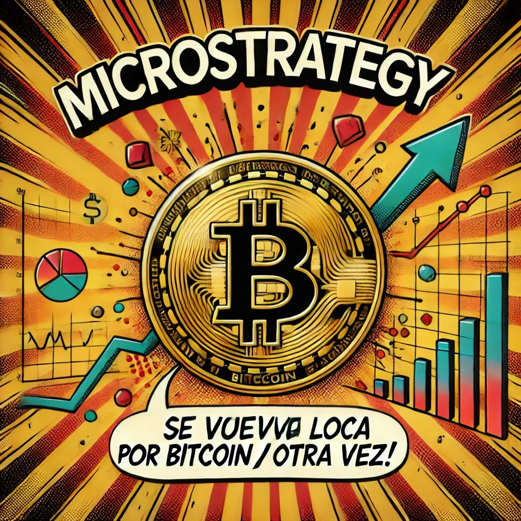 A bold pop-art style illustration featuring the MicroStrategy logo and a large, golden Bitcoin coin at the center. The Bitcoin appears to be surrounded by chaotic financial graphs, upward arrows, and a festive atmosphere. The text in Spanish reads 'MicroStrategy se vuelve loca por Bitcoin (Otra vez)' with a dramatic, financial theme. Vibrant colors, professional design, and a dynamic layout emphasizing market volatility and excitement. Text should be prominent and clearly visible.