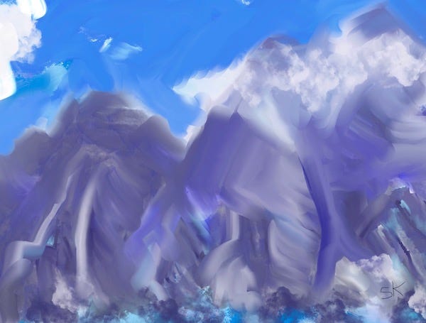 Abstract painting by Sherry Killam Arts depicting soft violet mountains against blue sky, white clouds.