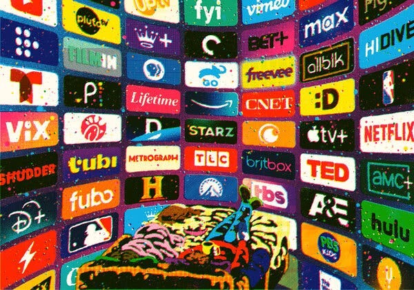 An illustration shows a person lying on a bed facing a curved wall filled with logos of streaming services.