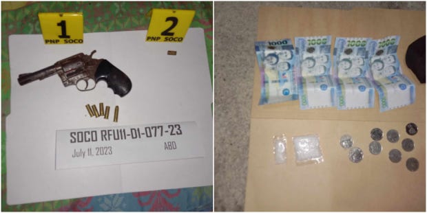 A caliber .38 revolver and suspected meth were recovered following a sting operation against drug Victor Barrera in Davao City on Tuesday. (Photos courtesy of Davao City Police Office)