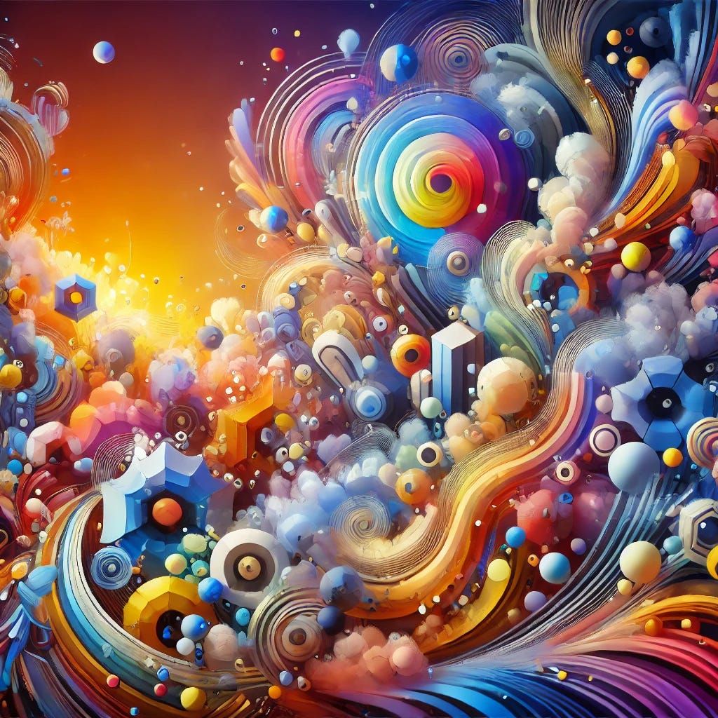 A highly abstract depiction of a thriving and joyous company culture, using vibrant yet balanced colors and dynamic shapes. The image should convey themes of inclusivity, innovation, and progress through abstract forms and patterns. Use fluid, interconnected shapes and a gradient background that transitions from cool to warm colors to symbolize growth and unity. Focus on creating an energetic, cohesive, and joyous atmosphere through abstract art.