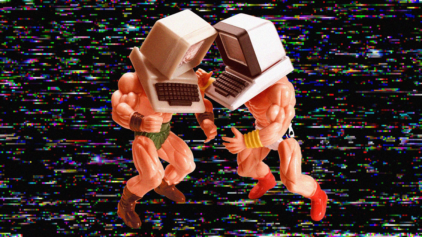 Two wrestler figurines with retro computers as heads are fighting; they're against a digital-1980's video game background.