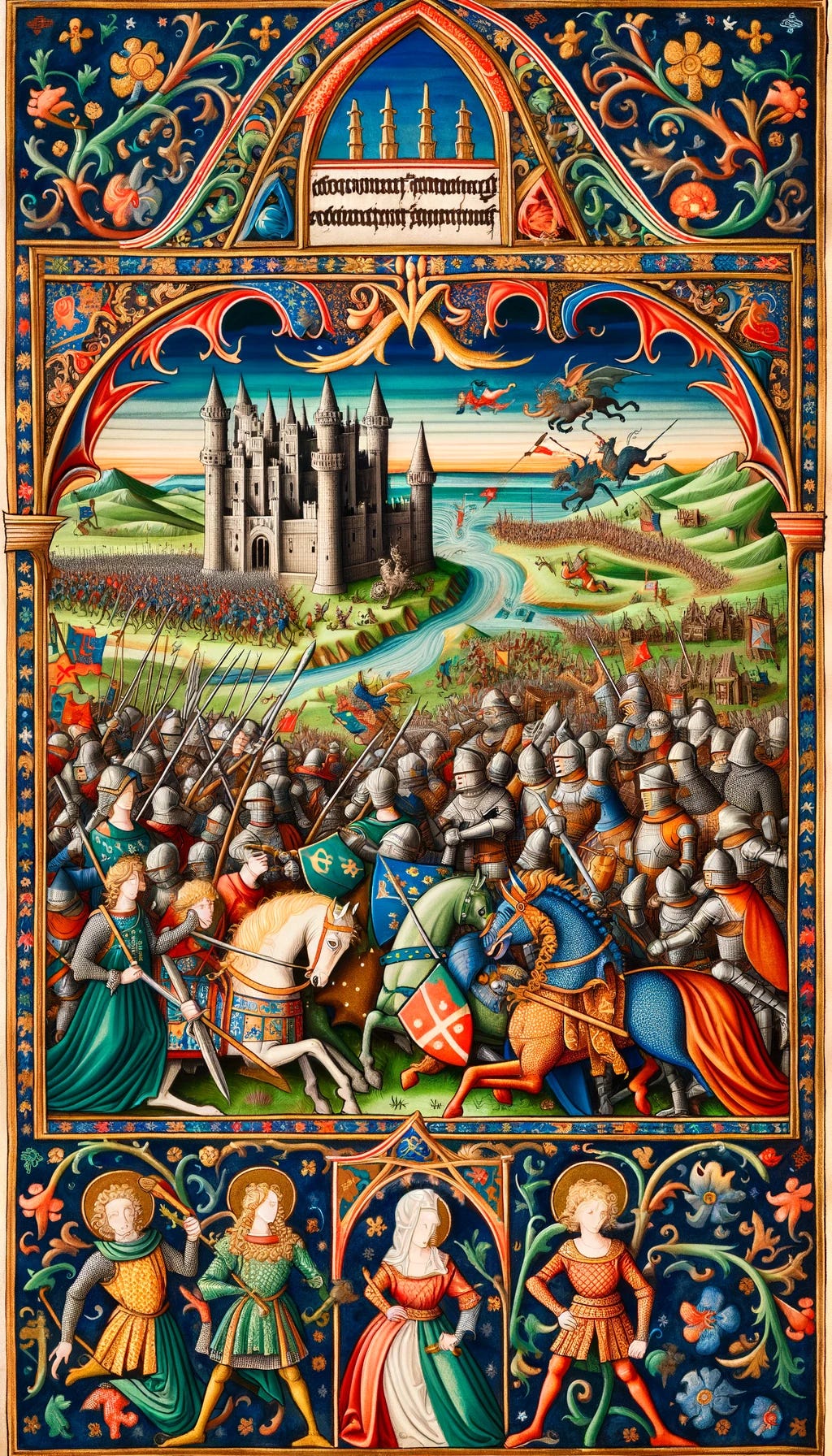 A meticulously detailed illuminated manuscript illustration depicting a scene from the crisis of the 12th century, showcasing knights in battle, villagers fleeing, and a castle under siege in the background. The image is rich with medieval iconography, including banners with coats of arms, and a border adorned with intricate patterns and small illustrations of mythical beasts and flora. The colors are vibrant, with gold leaf accents highlighting important elements and figures. The style is reminiscent of historical manuscripts from the period, emphasizing the drama and turmoil of the times in a portrait orientation.