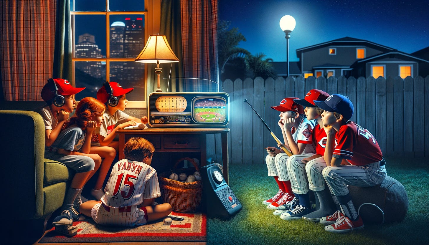 Visualize a split-scene image showing kids in Cincinnati and San Diego simultaneously listening to a baseball game on the radio. On one side, it's after dark in Cincinnati, where kids huddled around a classic radio by the light of a lamp, their faces illuminated by a warm glow, exude a cozy, nostalgic feel. They are dressed in Reds gear, intently following the game. On the other side, it's still daytime in San Diego. Here, kids sit outside on a grassy backyard, a modern portable radio beside them, wearing Padres gear and enjoying the sunny weather. This dual scene captures the unifying power of baseball across different time zones, highlighting both cities' love for the game.