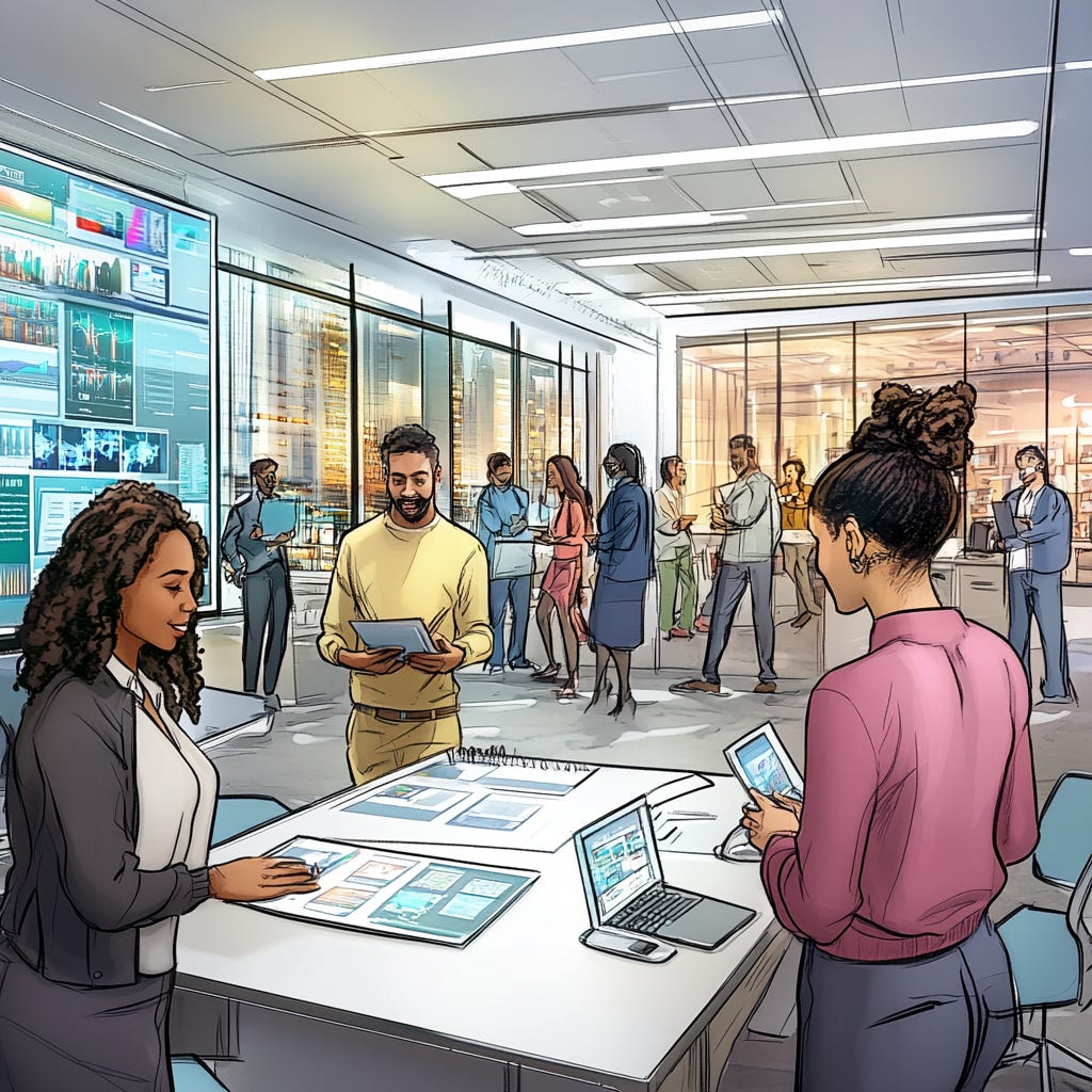 an illustration of A diverse group of professionals engaging in various learning activities in a modern, open-plan office space with cutting-edge technology and interactive displays