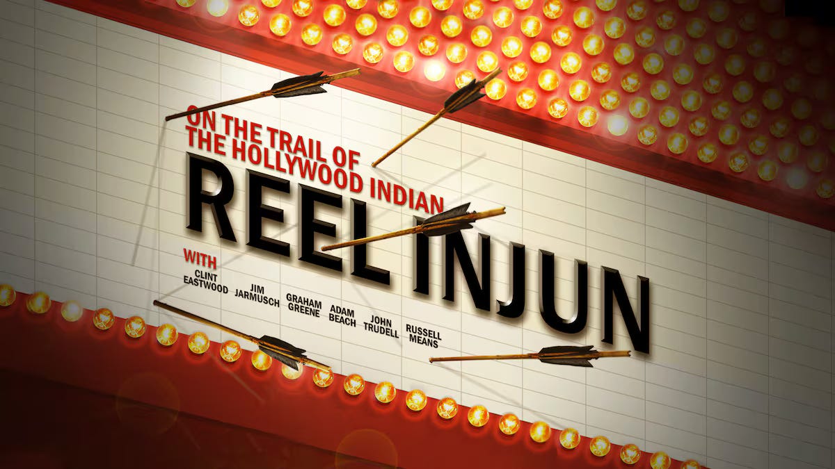 This image shows the one-sheet poster, done in the style of a movie-theatre marquee complete with the film's title and five arrows shot into it, of Neil Diamond's 2009 movie documentary titled Reel Injun: On the Trail of the Hollywood Indian.