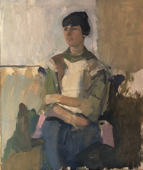 A seated woman, head painted with definition and the rest of her body blurring into abstraction. Her head is also a three quarter view.