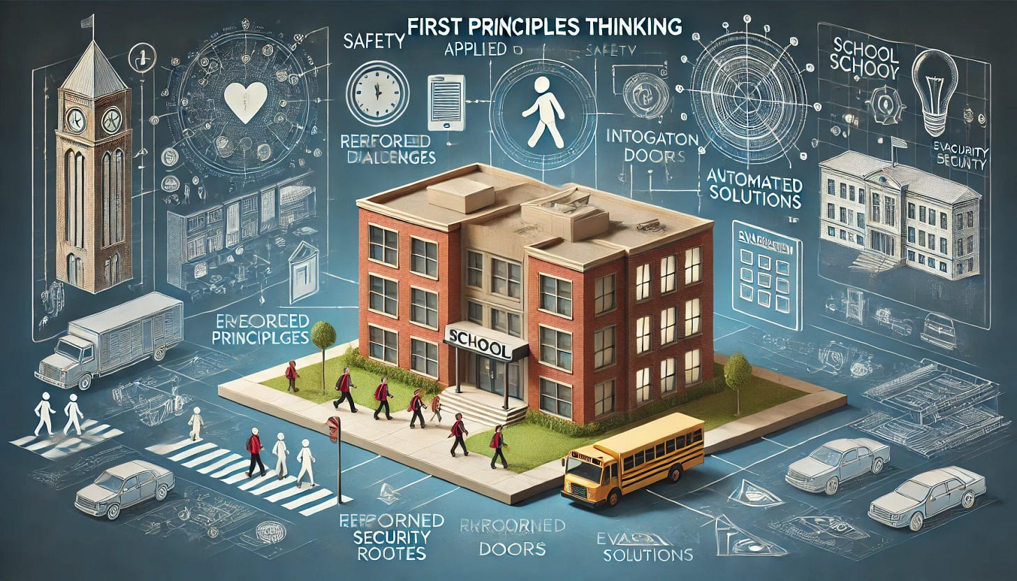 A visual representation of First Principles thinking applied to school safety. On the left, a breakdown of safety challenges such as building layout and evacuation routes. On the right, innovative solutions like reinforced doors and automated security systems. Modern school environment with a focus on clarity and problem-solving.