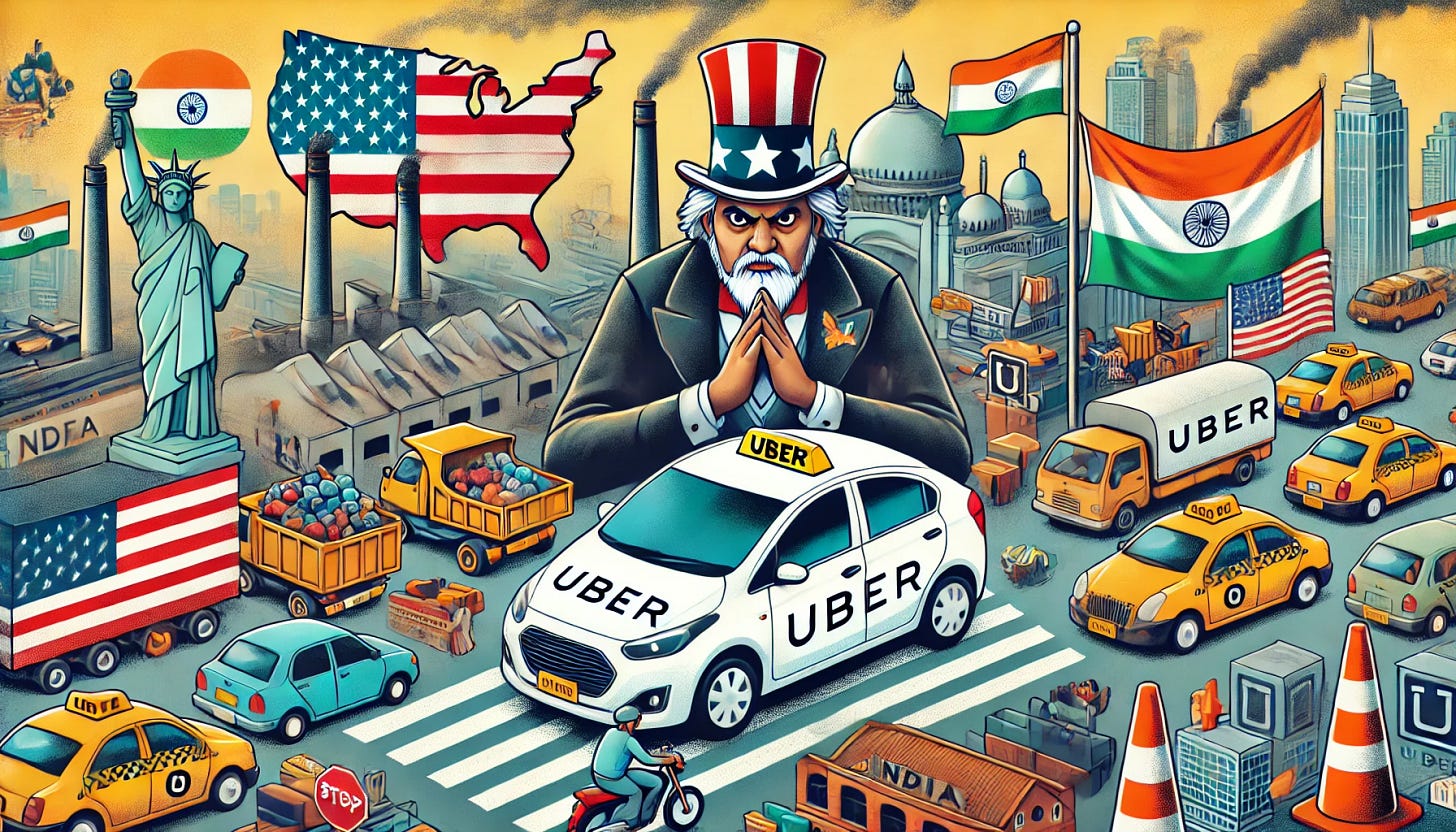 A digital illustration depicting the US-India trade tensions and Uber's white number plate controversy. On the left, a symbolic representation of the United States (e.g., Uncle Sam or an American flag) is imposing tariffs on India, shown with a factory struggling under trade restrictions. On the right, an Indian Uber car with a white number plate is caught in traffic confusion, with drivers and passengers looking puzzled. The background features elements of global trade and Indian streets.