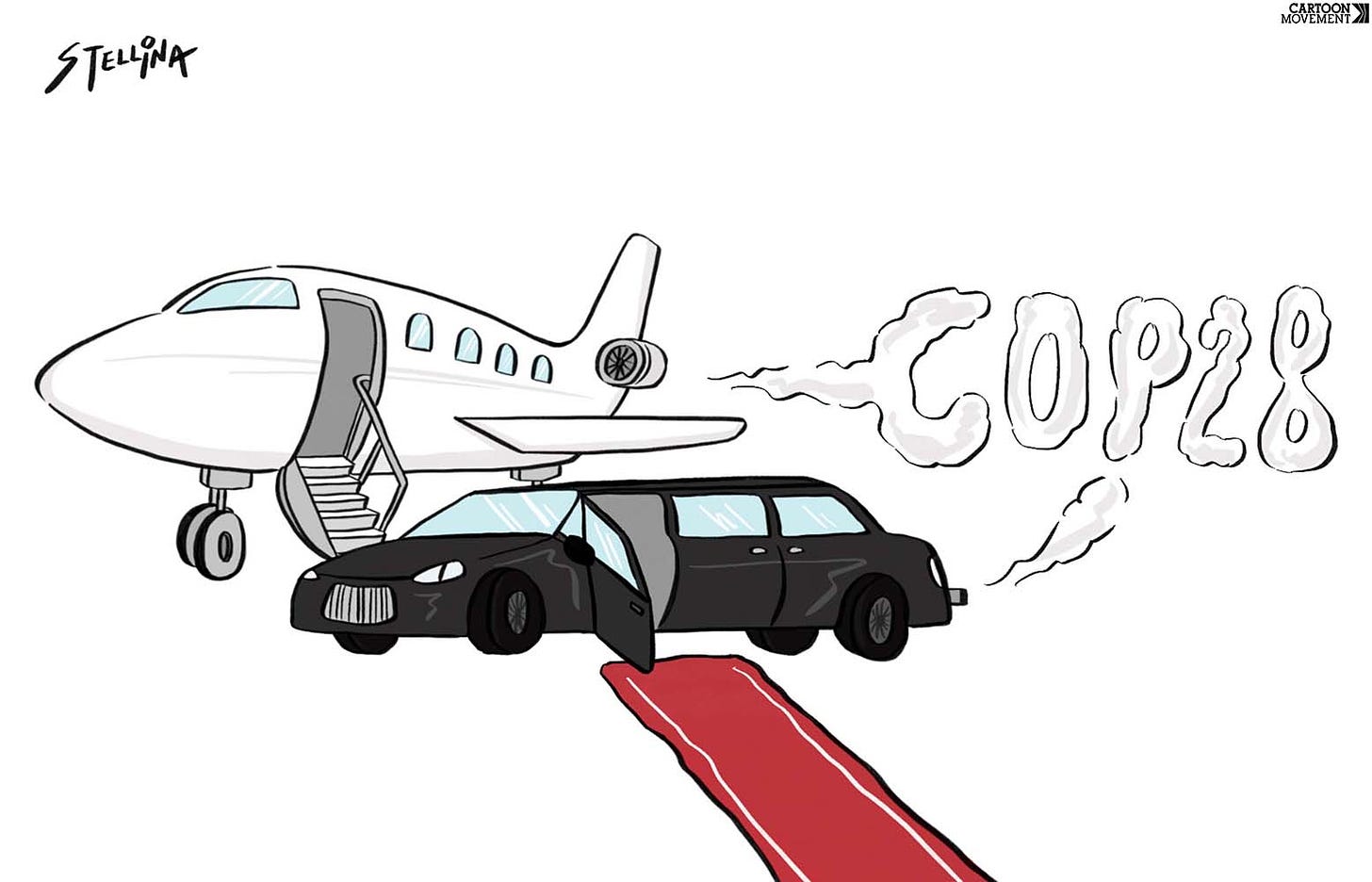 Cartoon showing a private jet with a red carpet from the airplane door to a waiting limousine. Both plane and car emit smoke from their exhausts that spells the word 'COP28'.