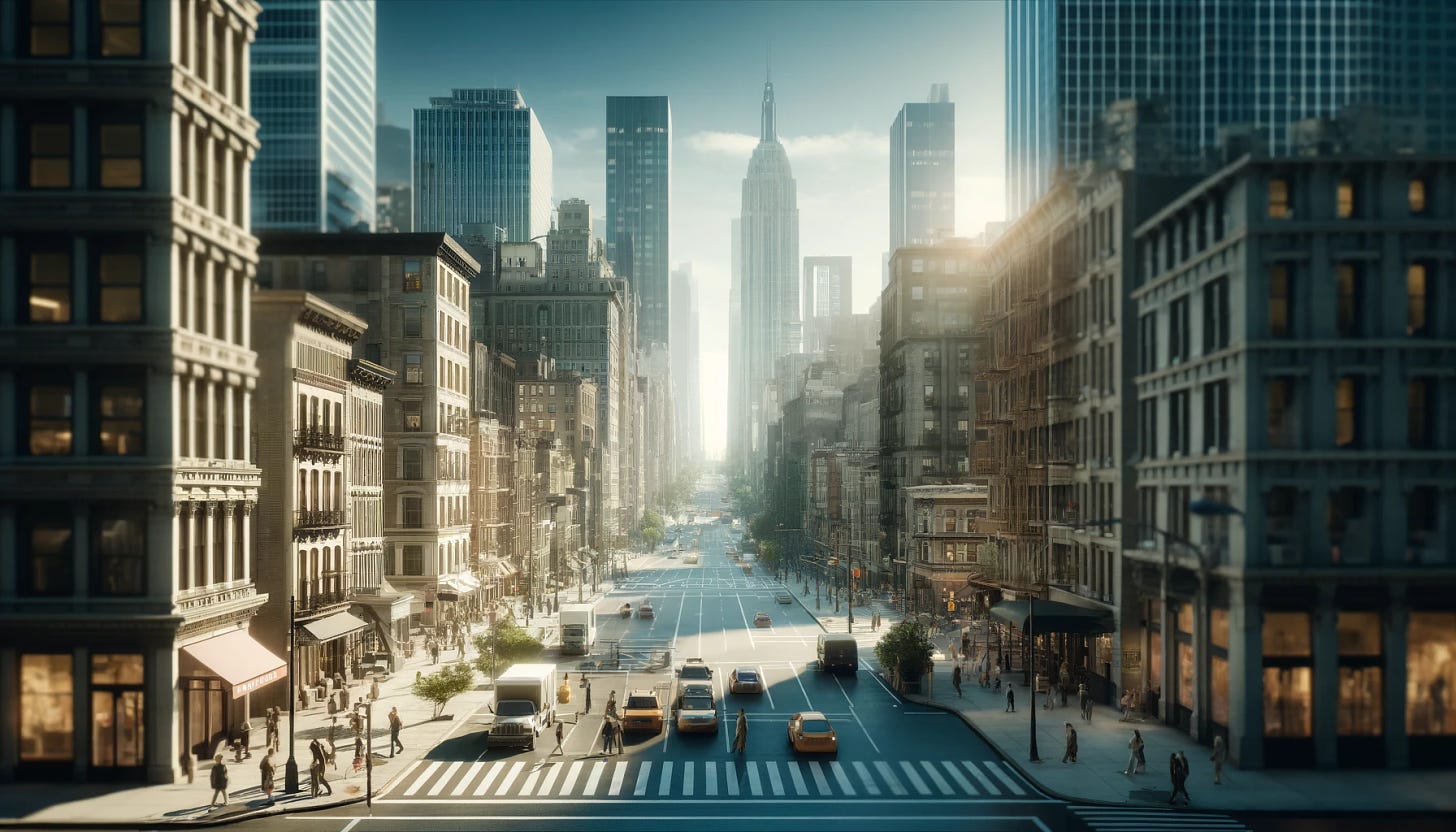 A realistic photograph of New York City's cityscape, capturing a moderately bustling atmosphere. The scene should depict a balance between activity and calmness, with a moderate number of pedestrians and some traffic, reflecting a typical day. The skyscrapers and urban architecture are prominent, bathed in natural light, possibly during midday. This setting is ideal for discussing topics like urban development and environmental initiatives in a city context.