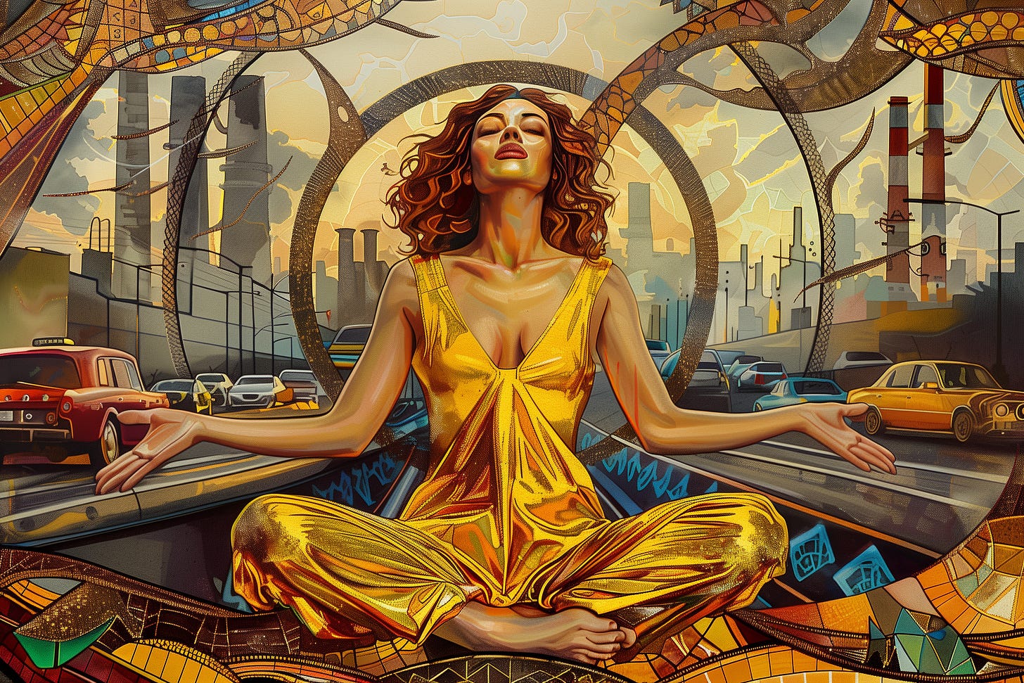 A beautiful lady in a golden dress meditating in lotus pose while surrounded by cars and factory chimneys