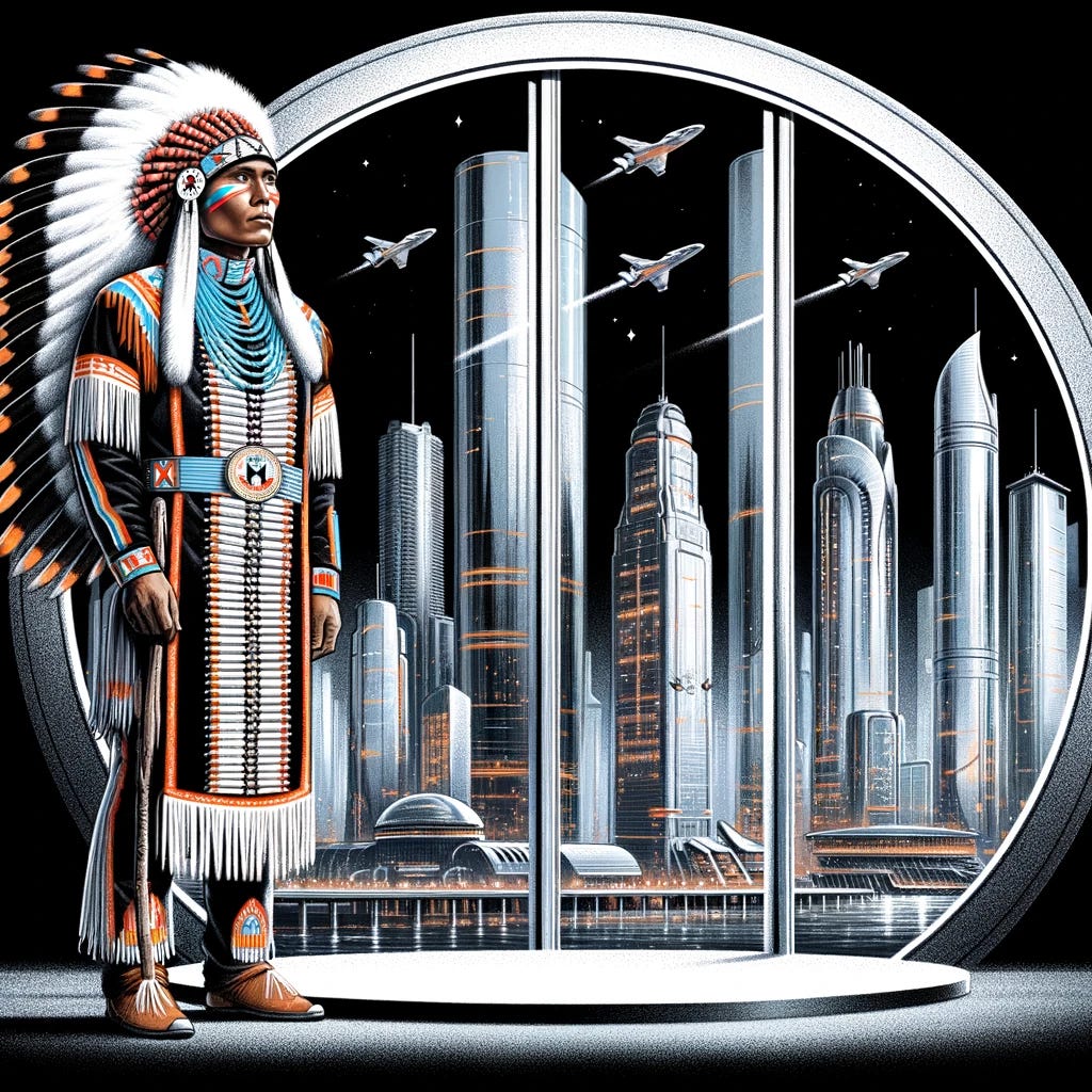 An illustration of a Catawba Indian, a Native American from South Carolina, dressed in full traditional regalia. The individual is standing in front of a floating window. Through this window, a futuristic cityscape is visible, showcasing advanced architecture, with sleek, tall buildings and a sky filled with flying vehicles. The contrast between the traditional attire and the futuristic city highlights a blend of cultural heritage and modern advancements.