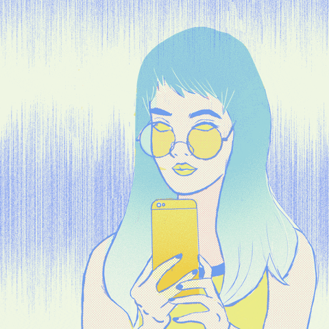 A drawing of a woman looking at her phone as small ghosts escape her head.