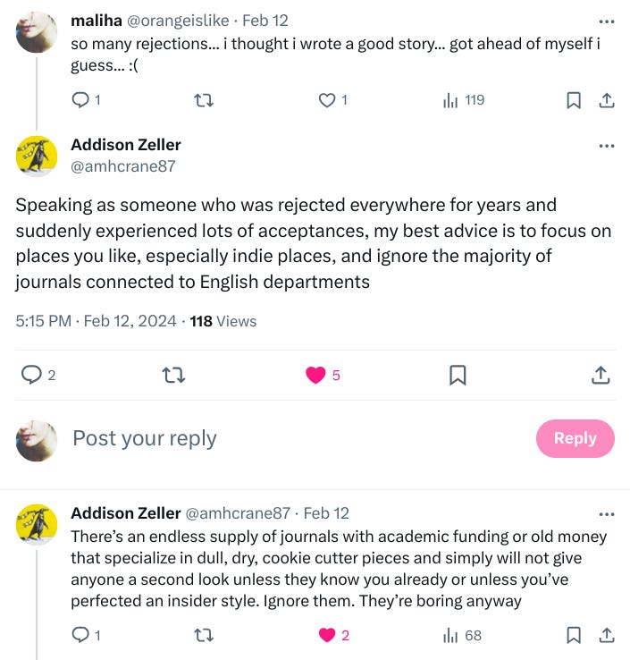Screenshot of a twitter thread between me and writer Addison Zeller.