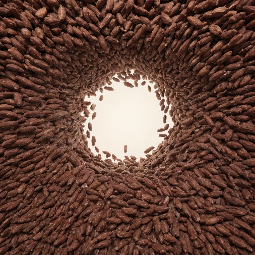The image shows a whirlpool-like arrangement of cocoa beans, creating a swirling pattern that converges towards the center, leaving an open, bright circular space in the middle. The cocoa beans are densely packed at the edges and gradually thin out towards the light-filled center, giving an impression of movement and depth. The design is highly detailed, showcasing the texture and color variations of the beans, emphasizing a sense of motion and focus.