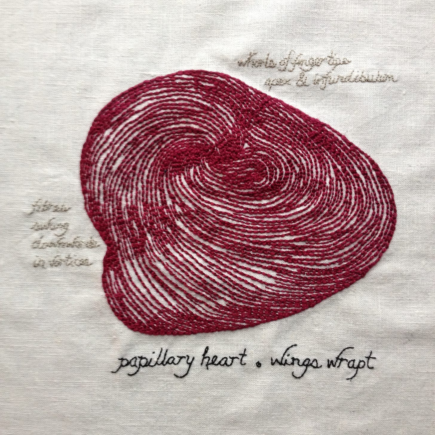 An embroidery on bone coloured linen. There is a swirling pattern in a vague heart shape stitched in burgundy back stitch. Poetry around the heart is stitched in tan and reads: whorl of fingertips. Apex and infundibulum. Fibres sway downwards in vortices. Papillary heart. Wings wrapt. 