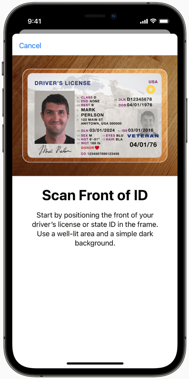 To add a state ID or driver’s license to Apple Wallet, customers will be asked to scan their physical ID card and take a selfie, which is securely sent to the issuing state for verification.