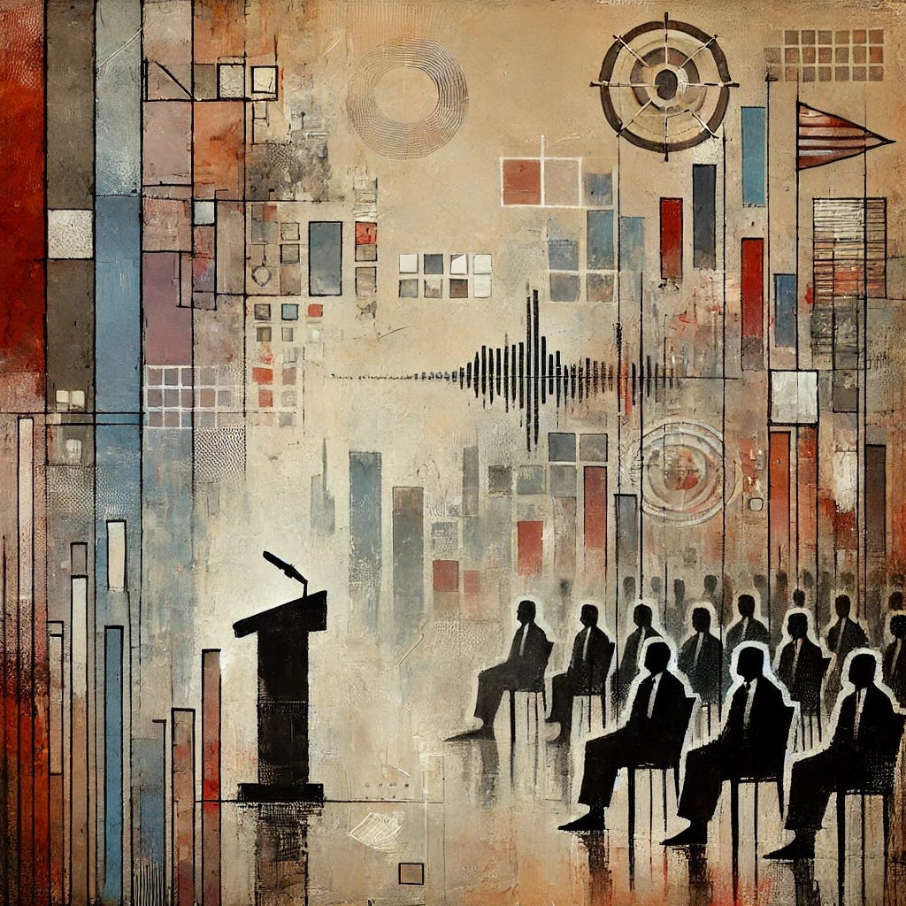 An abstract painting inspired by the limited impact of political speeches on election outcomes in times of crisis. Use a mix of muted tones—grays, browns, and faded reds—layered with sharp geometric contrasts to reflect tension and political uncertainty. Include abstract symbols such as distant podiums, echoing sound waves, and fractured charts or maps. Express the dominance of broader socioeconomic forces like unemployment and institutional fragility through heavier brushstrokes and weighted textures. The artwork should feel contemplative, flat yet textured, with a focus on complexity rather than charisma.