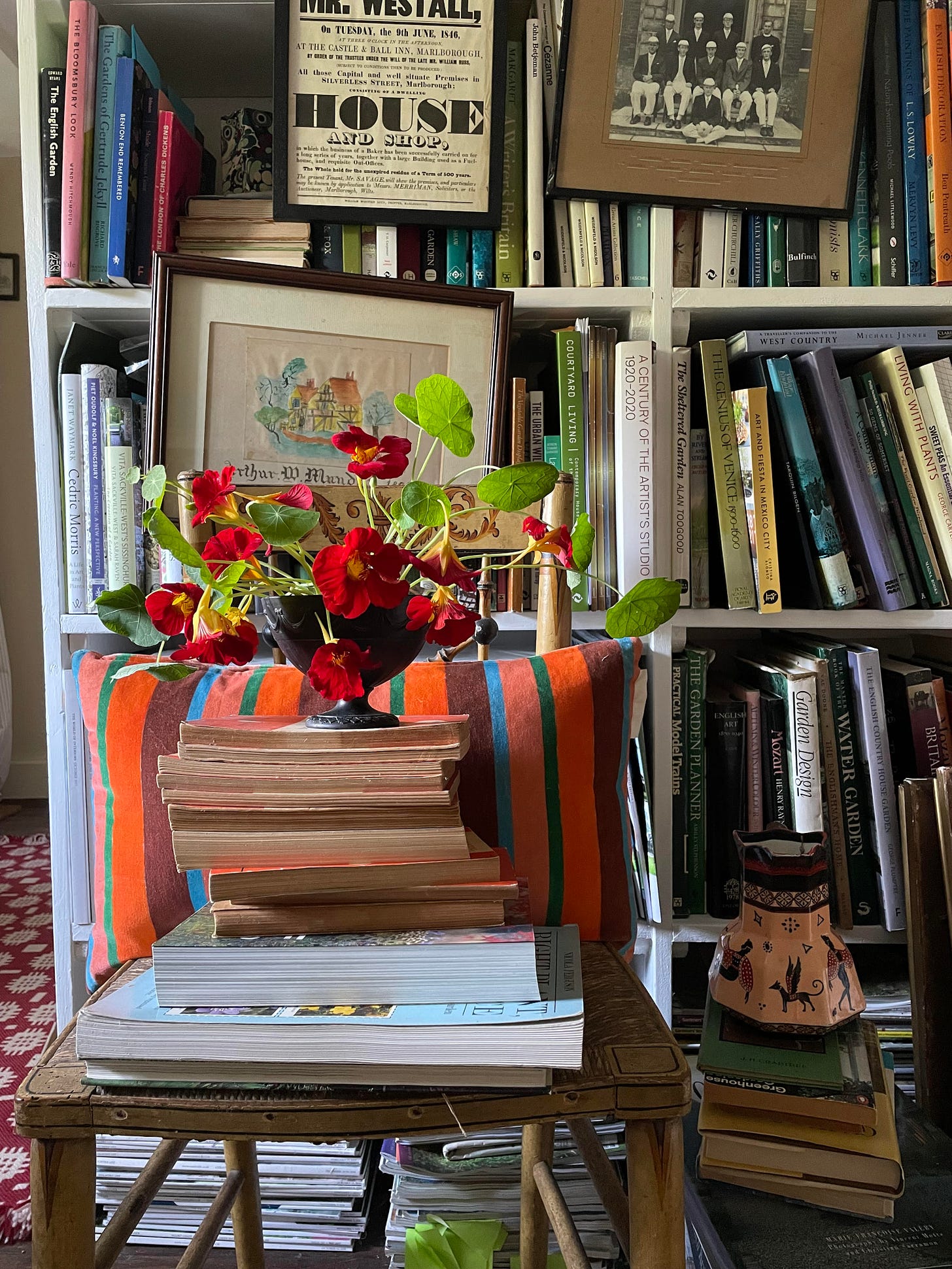 colourful flowers in front of a bookshelf