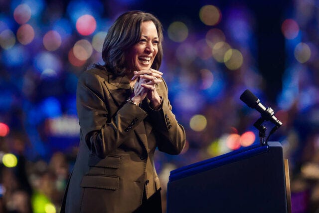 Democratic presidential nominee Vice President Kamala Harris speaks to a crowd during a ca