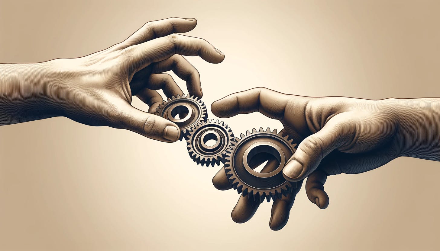 A horizontal image with two hands reaching out towards each other, each holding a gear. The left hand, coming from the left side of the image, holds a gear, and the right hand, coming from the right side of the image, holds another gear. The gears are about to connect, with visible teeth aligning. The hands are depicted in a realistic style with detailed fingers gripping the gears. The background is neutral with a subtle gradient, emphasizing the hands and gears. The image conveys a sense of connection, collaboration, and mechanical precision.