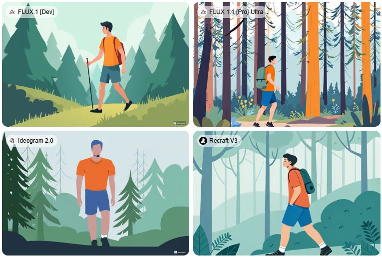 Man in blue shorts and red t-shirt walking in the forest, by 4 different models in Genspark