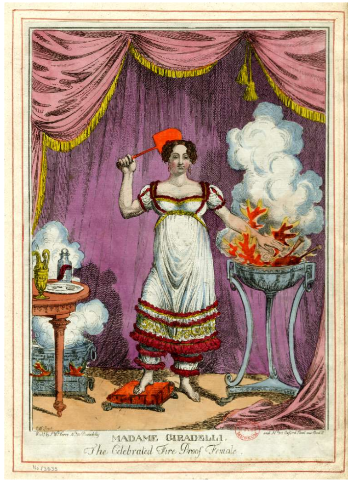 A colourful illustration depicting a woman in Regency dress on a stage with fringed draps at the back. She is holding a shovel against the back of her head with one hand, and plunging the other hand into some flames. Her right foot is on a block of metal depicted as red-hot. A nearby table has some receptacles and a plate.