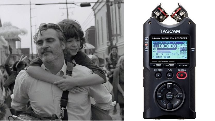 Screenshot from the movie C'mon C'mon and a TASCAM recorder
