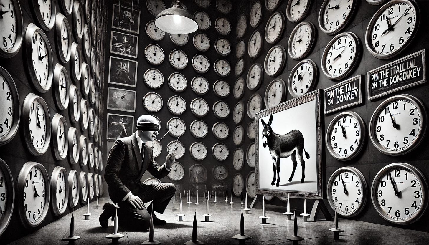 A surreal scene in a black-and-white room reminiscent of the 'Dr. Strangelove' style. In the center, a blindfolded person is holding a 'pin the tail on the donkey' pin, searching for the donkey image on the wall. The room is filled with various clocks, all ticking and showing different times, some hanging on the walls, others floating in the air. The overall tone is stark and cinematic, with sharp contrasts of shadow and light, creating a dramatic, surreal atmosphere.