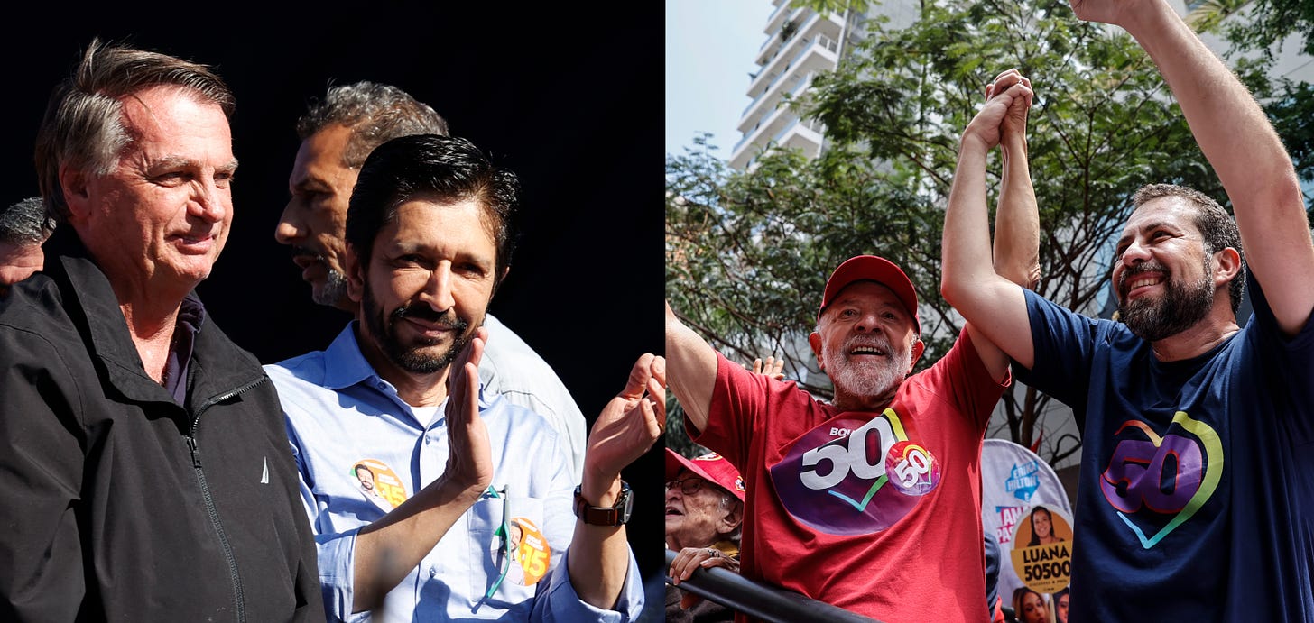 Combo de fotografías de el alcalde de São Paulo, Ricardo Nunes (2i), con el exmandatario ultraderechista Jair Bolsonaro (1i) (2019-2022) y el diputado Guilherme Boulos (2d), candidato apoyado por el presidente brasileño, Luiz Inácio Lula da Silva (1d). EFE/ Sebastiao Moreira