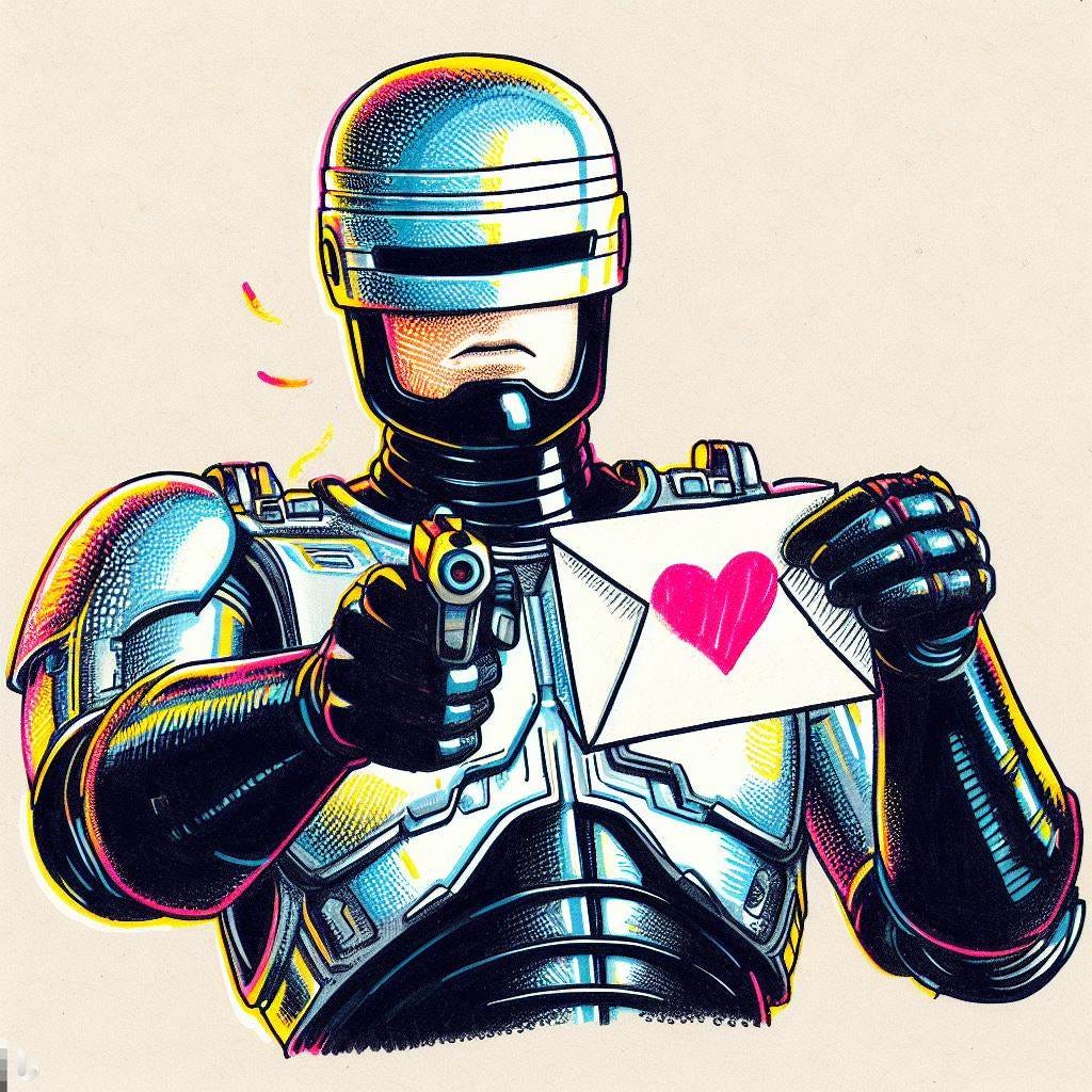 Robocop giving you a letter with a heart on it, in a colorful marker poster illustration style with colored ink lines and light cross-hatching