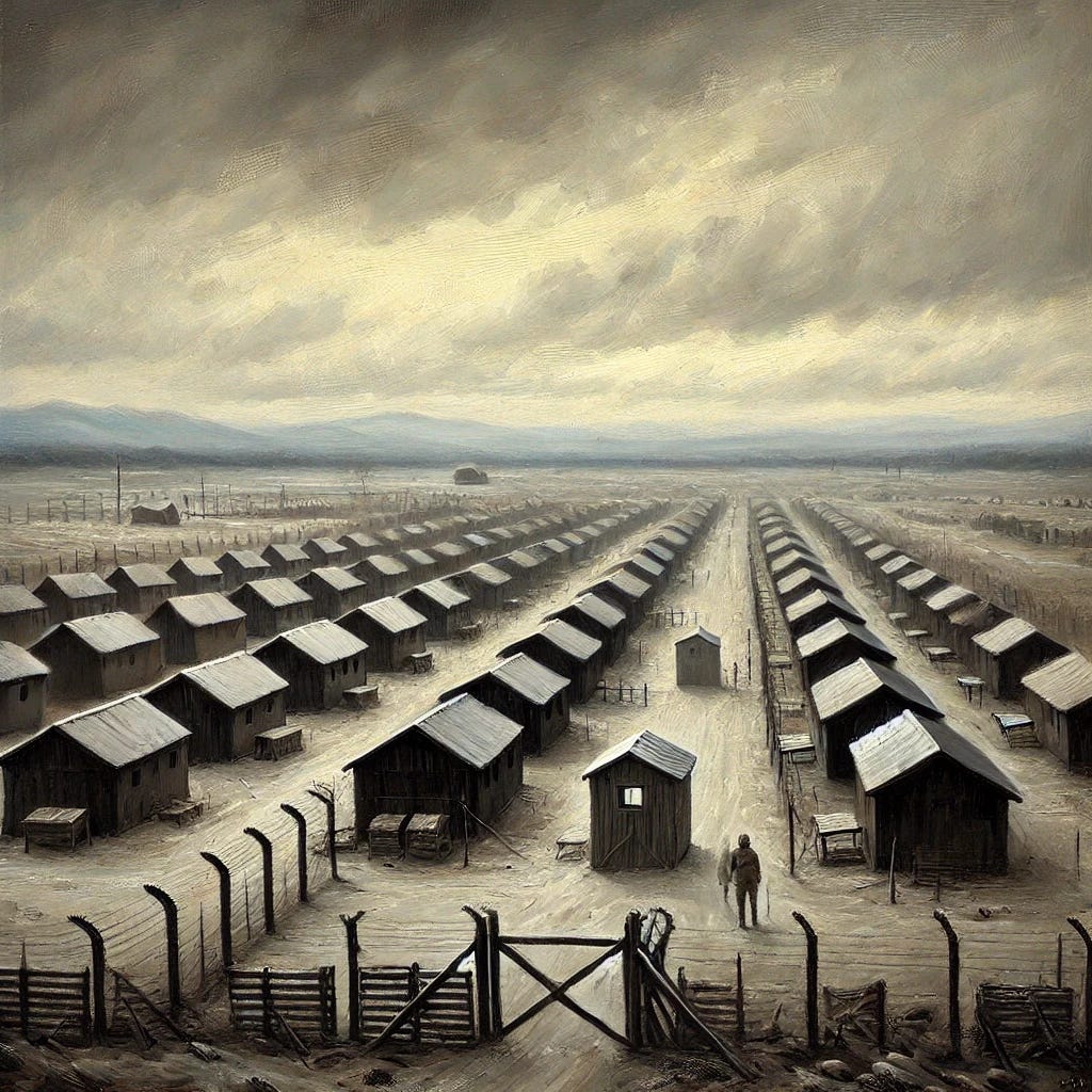 A bleak, desolate landscape featuring rows of small, austere cabins or shelters, each confined within faintly visible fences. The scene is under an overcast, cloudy sky, creating a sense of isolation and restricted movement. A single checkpoint is visible in the distance, emphasizing limited access. The area is surrounded by barren fields and distant mountains, symbolizing isolation. Painted in an expressive oil painting style, with muted colors and heavy brush strokes, capturing a somber and restrictive atmosphere.