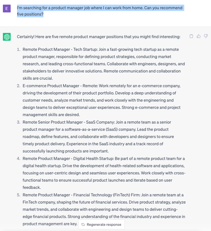 A user asks ChatGPT for help finding a remote product manager job. ChatGPT responds with five types of remote product manager jobs that might be of interest to the user.