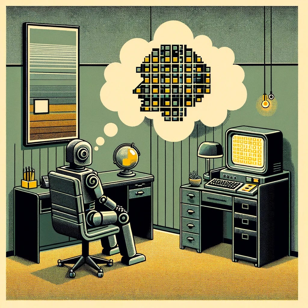 An illustration showcasing the concept of 'The Autonomous Future of AI', rendered in the same vintage-inspired digital aesthetic with mid-century design and pixel art elements. The scene is set against a muted sage green background and features a room with dark gray furnishings and old-fashioned computer desks, reminiscent of the mid-20th century. Instead of a human figure, there's a robot with a minimalist grayscale design, indicative of AI, interacting with a vintage computer displaying pixelated patterns. The robot is portrayed in the act of 'thinking', symbolized by yellow pixel squares forming a thought bubble above its head. This imagery reflects the theme of AI's evolving independence and integration into traditional spaces.