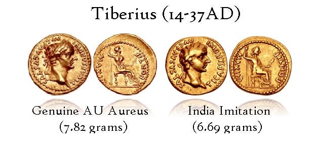 Tiberius Aureus Genuine India Imitation