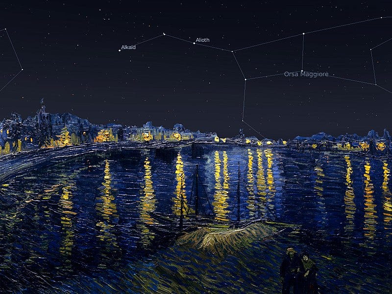 Painted lower half of Starry Night Over the Rhone, with clear night sky above, and Ursa Major outlined and identified.