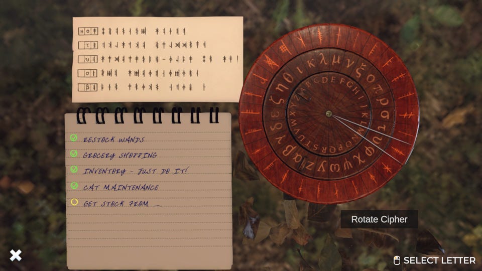 a screenshot of "midnight in salem" - the screen shows a note written in code, a cipher wheel, and a notebook page where the decrypted version of the note is being written