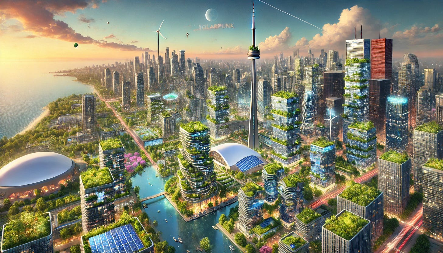 Toronto's downtown area, including the CN Tower, the Rogers Centre, and the waterfront are shown. Greenery and rooftop gardens, solar panels and wind turbines are integrated into the recognizably Toronto skyline.