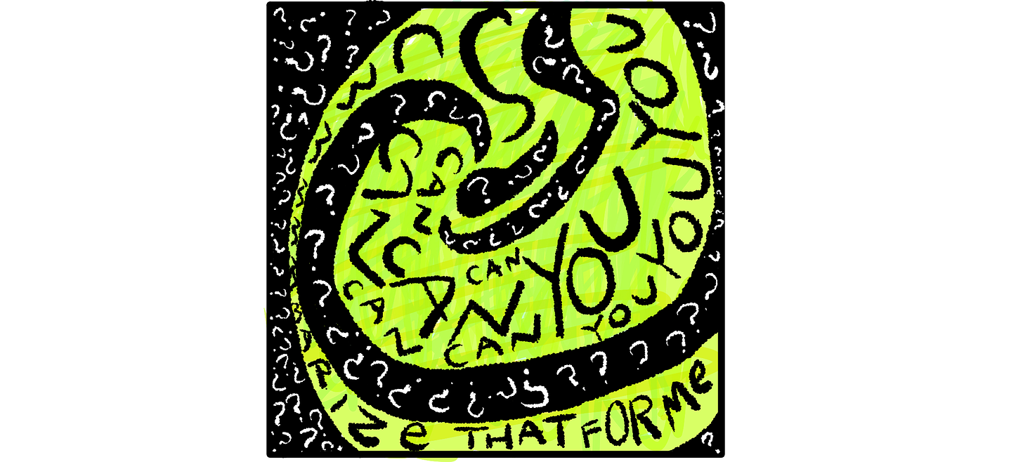 An illustration of a shame spiral with the phrase 'CAN YOU SUMMARIZE THAT FOR ME' written within. The spiral is composed of neon green and black colors with the neon green at the center. White question marks are scattered throughout the dark background, emphasizing the confusion and overwhelming nature of the spiral.